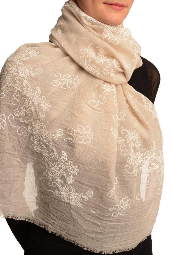 Liss Kiss Printed Flowers Diagonal On Beige Unisex Scarf - Scarf