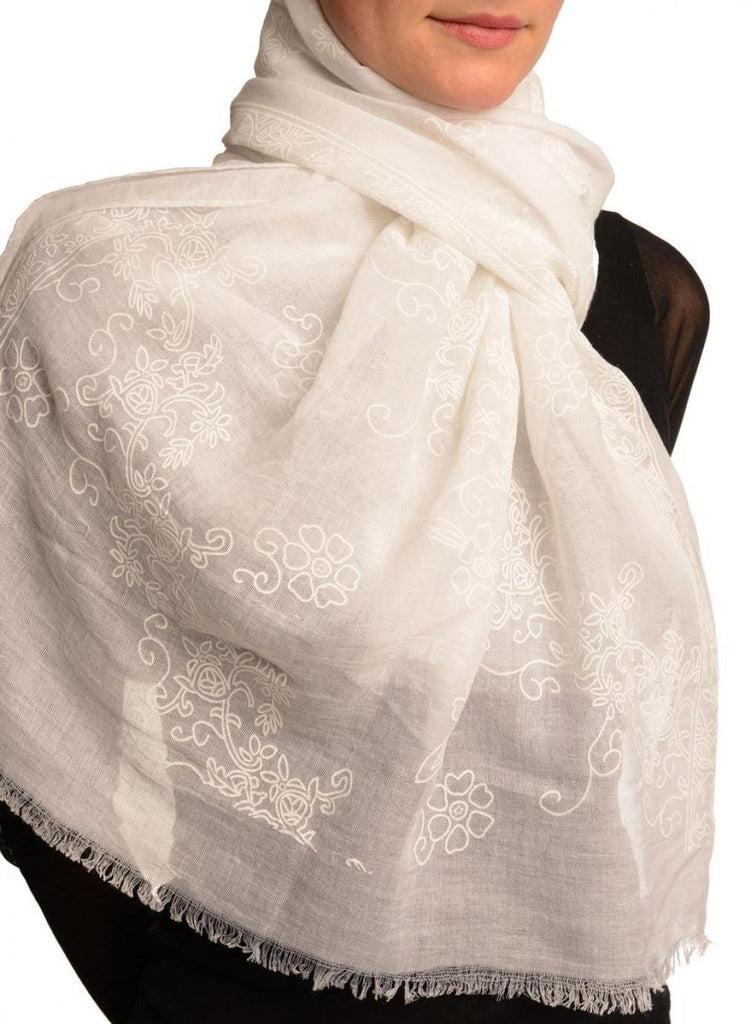 Liss Kiss Printed Flowers Diagonal On White Unisex Scarf - Scarf