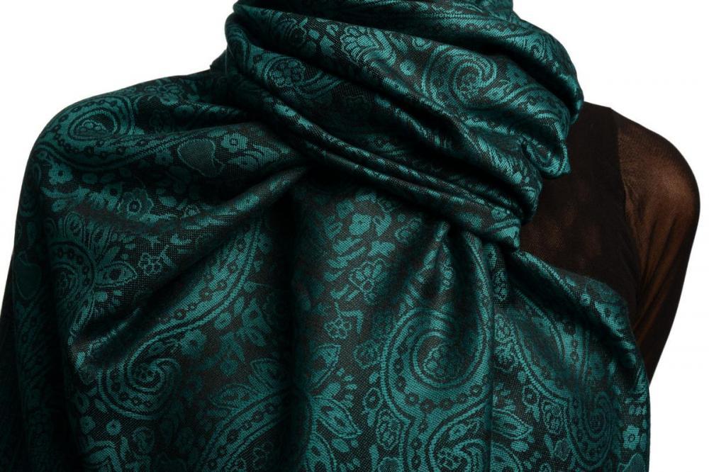 Liss Kiss Prussian Blue & Black Paisleys Pashmina Feel With Tassels - Scarf