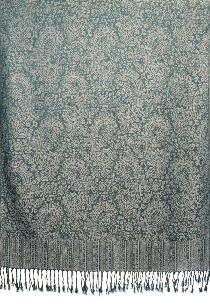 Liss Kiss Prussian Blue & Grey Paisleys Pashmina Feel With Tassels - Scarf