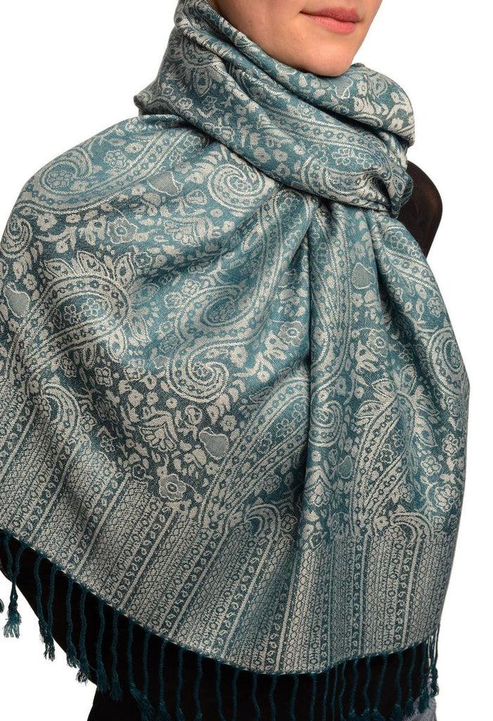 Liss Kiss Prussian Blue & Grey Paisleys Pashmina Feel With Tassels - Scarf