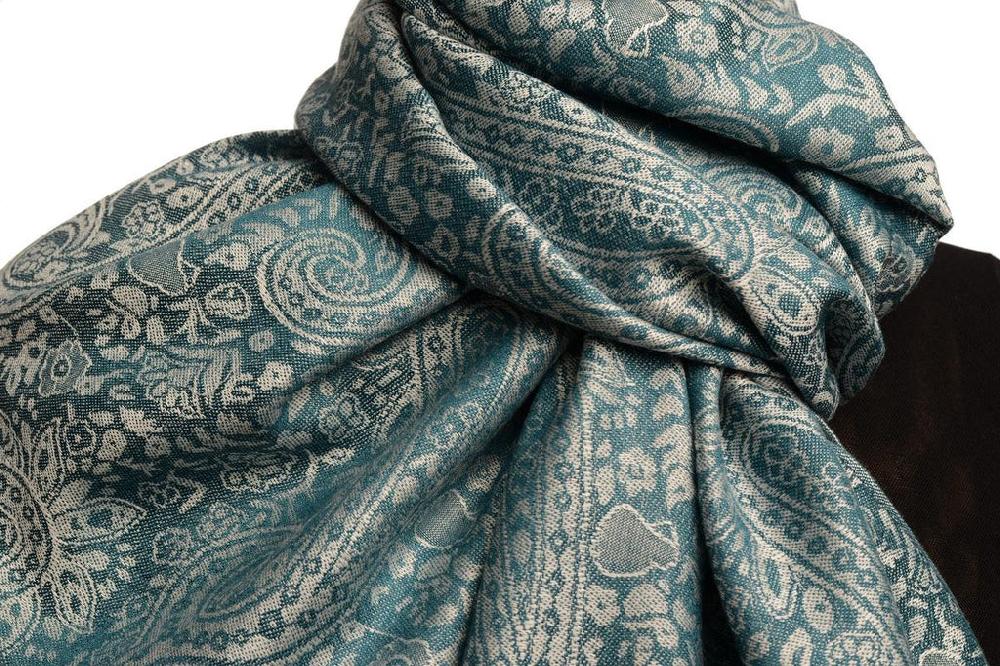 Liss Kiss Prussian Blue & Grey Paisleys Pashmina Feel With Tassels - Scarf