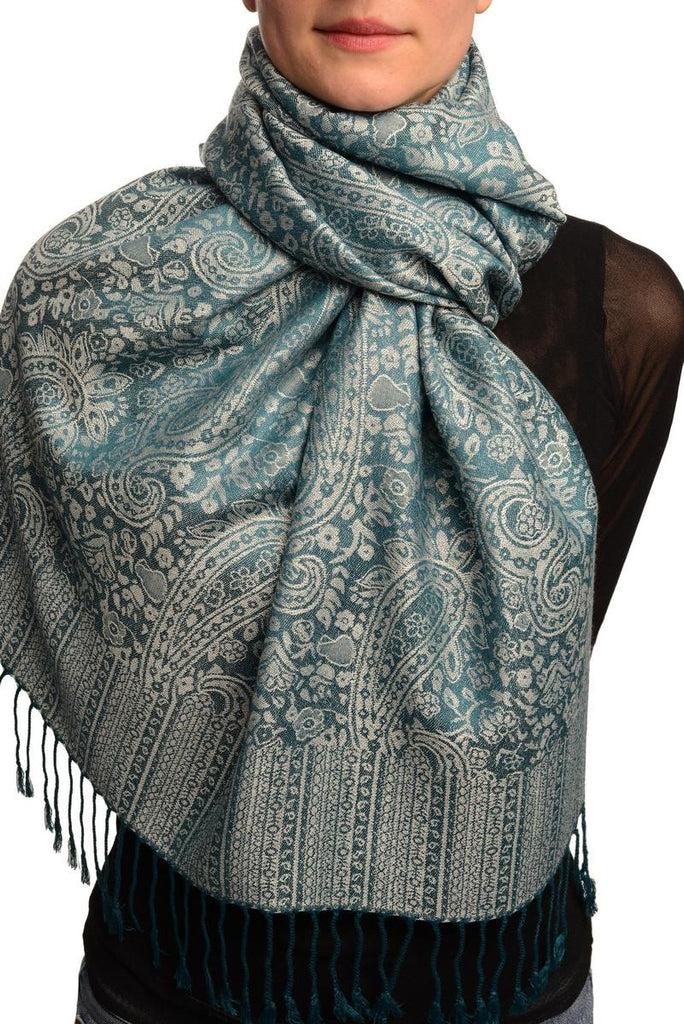 liss kiss Prussian Blue & Grey Paisleys Pashmina Feel With Tassels - Scarf