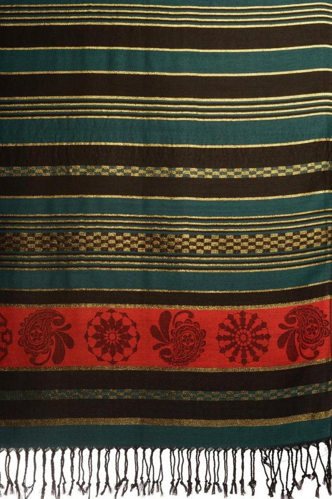 Liss Kiss Prussian Blue Stripes & Gold Lurex Pashmina With Tassels - Scarf