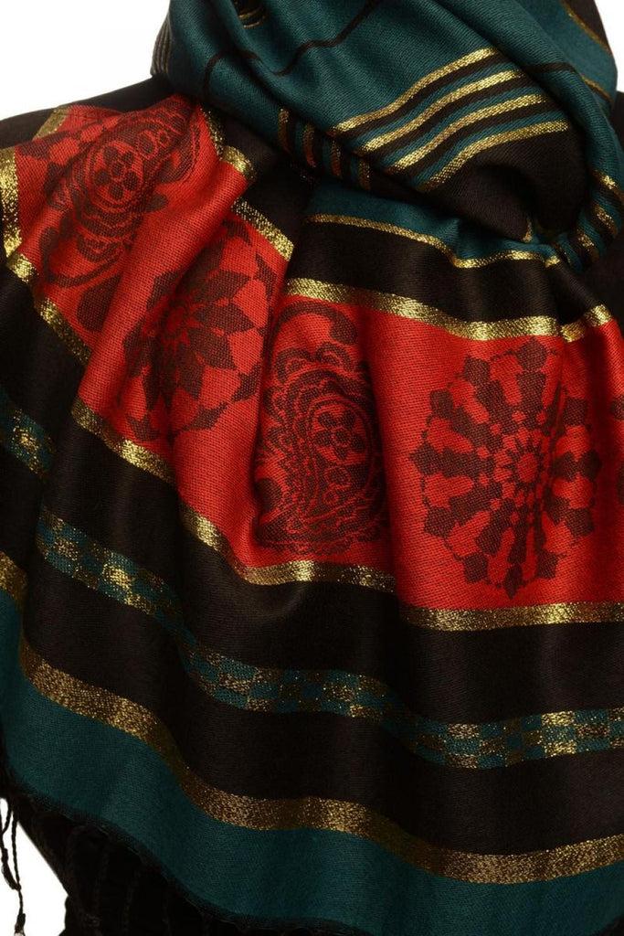 Liss Kiss Prussian Blue Stripes & Gold Lurex Pashmina With Tassels - Scarf