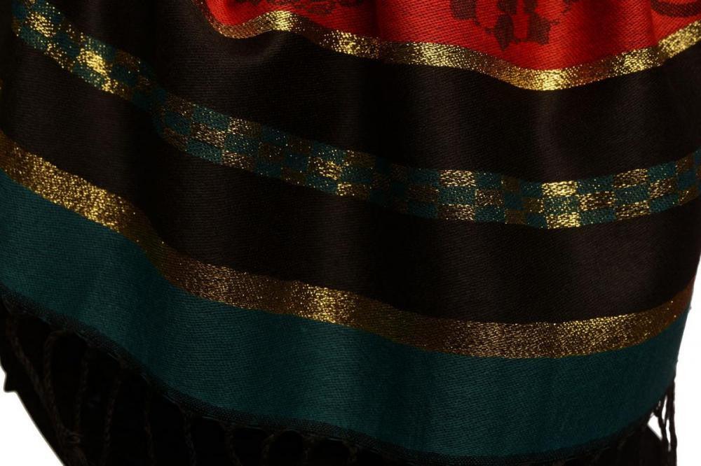 Liss Kiss Prussian Blue Stripes & Gold Lurex Pashmina With Tassels - Scarf