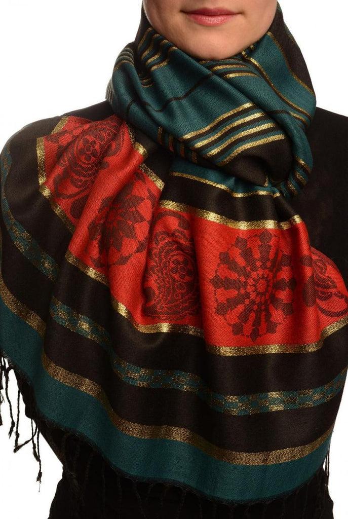 liss kiss Prussian Blue Stripes & Gold Lurex Pashmina With Tassels - Scarf