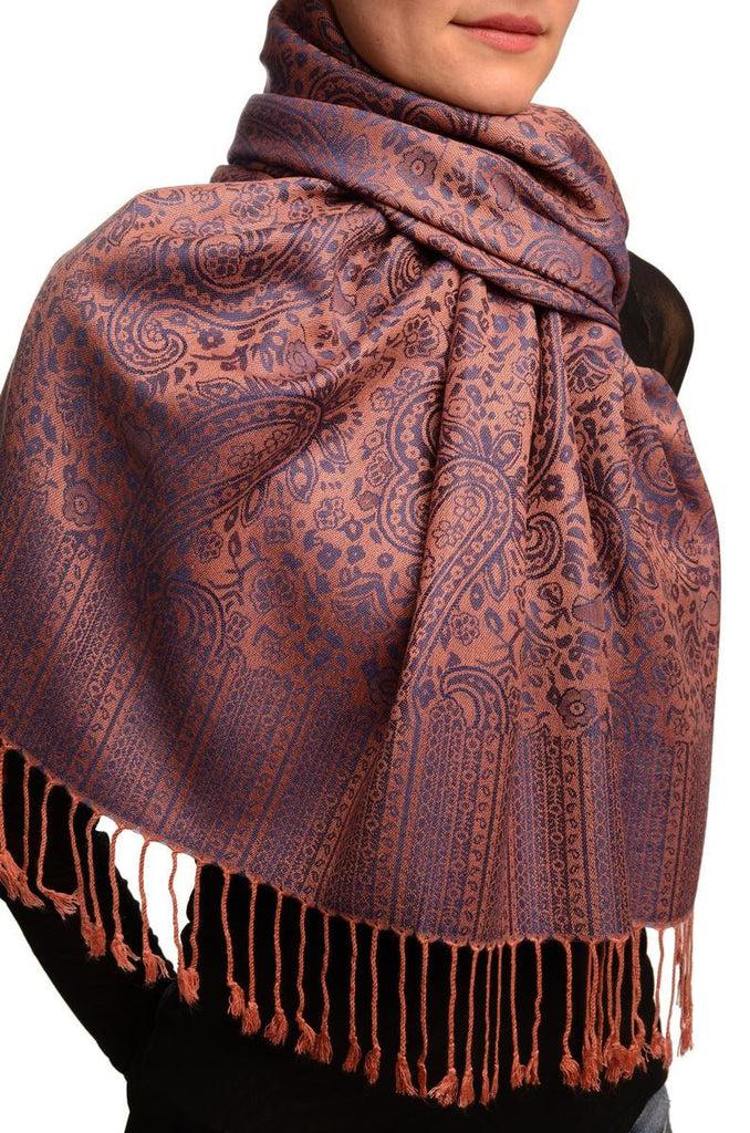 Liss Kiss Puce Pink & Blue Paisleys Pashmina Feel With Tassels - Scarf