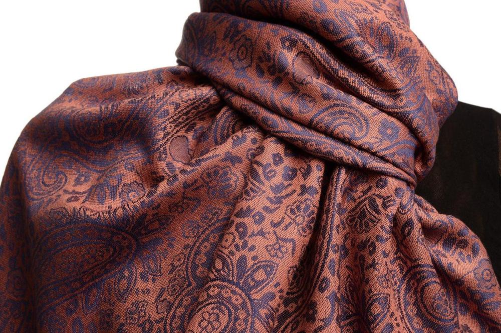 Liss Kiss Puce Pink & Blue Paisleys Pashmina Feel With Tassels - Scarf