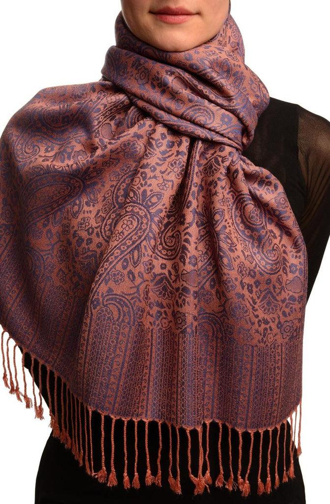 liss kiss Puce Pink & Blue Paisleys Pashmina Feel With Tassels - Scarf