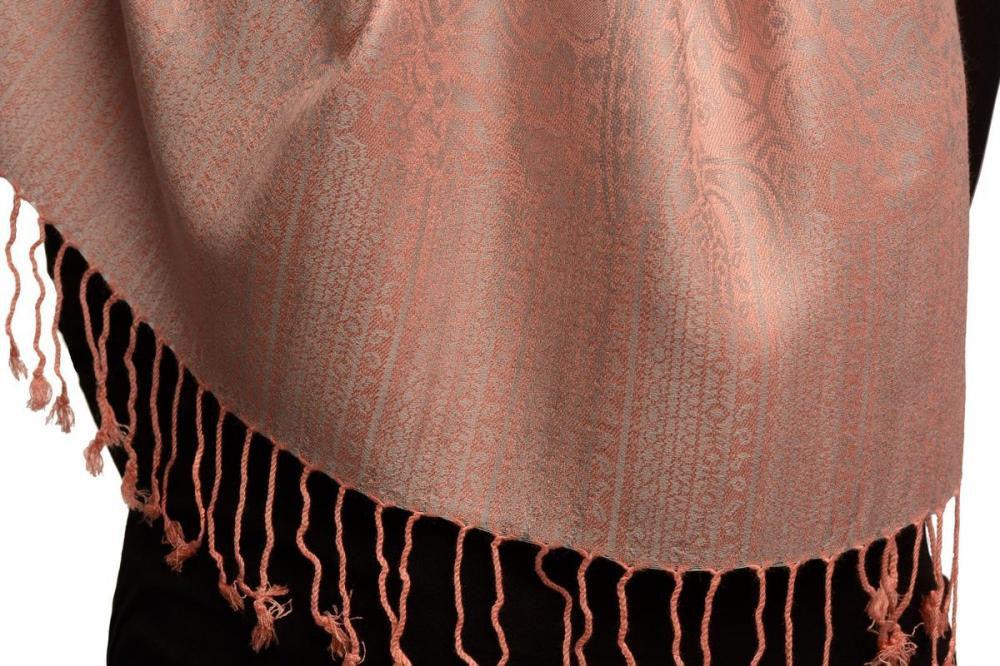 Liss Kiss Puce Pink & Grey Paisleys Pashmina Feel With Tassels - Scarf