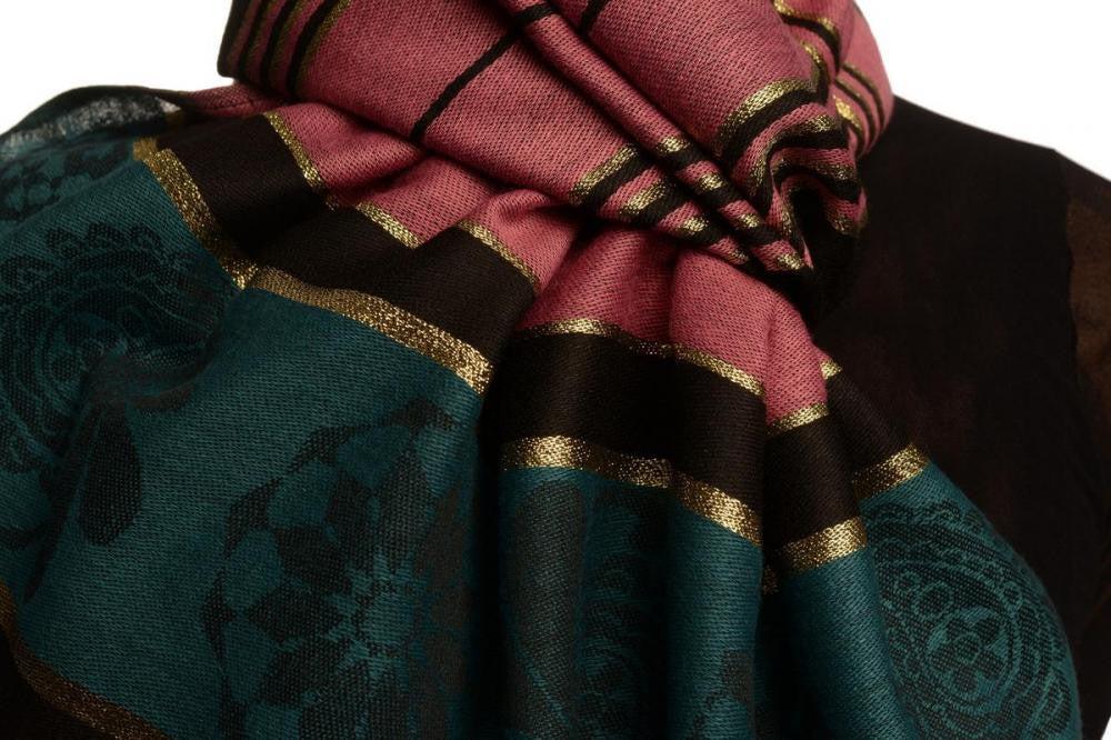 Liss Kiss Puce Pink Stripes & Gold Lurex Pashmina With Tassels - Scarf