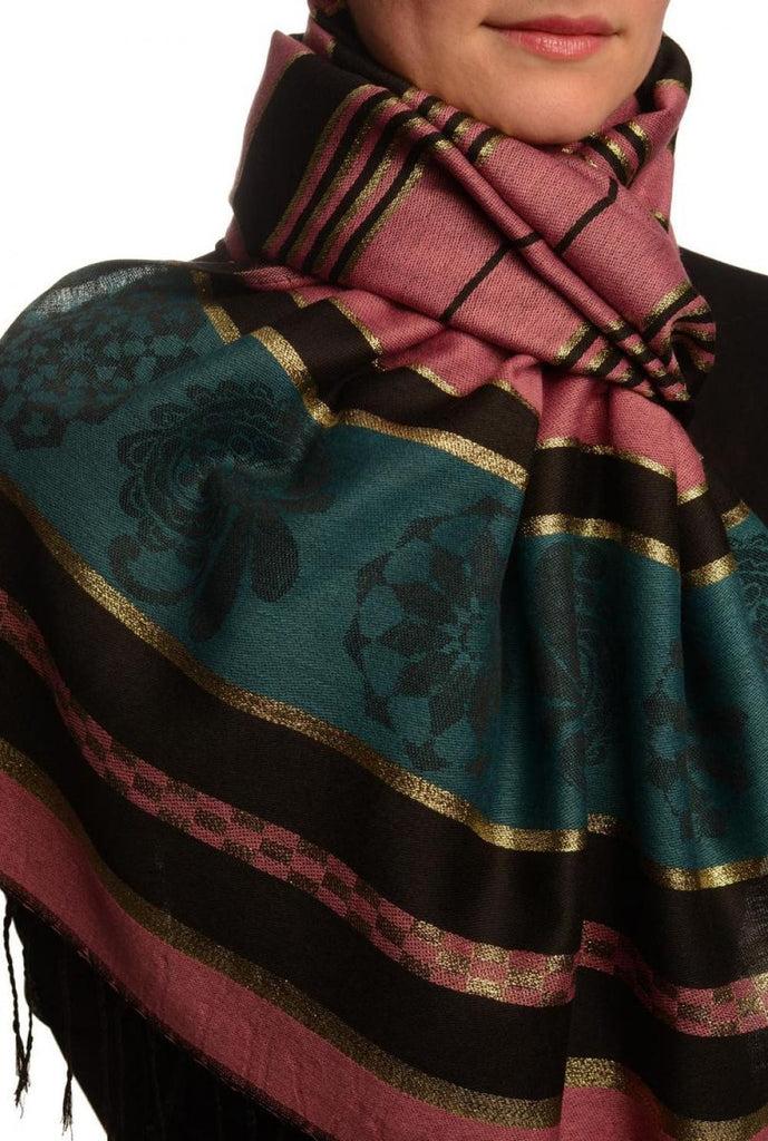 Liss Kiss Puce Pink Stripes & Gold Lurex Pashmina With Tassels - Scarf