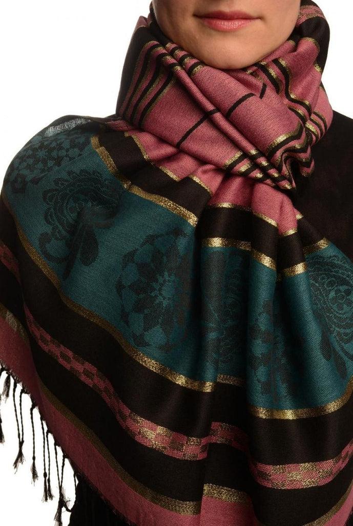 liss kiss Puce Pink Stripes & Gold Lurex Pashmina With Tassels - Scarf
