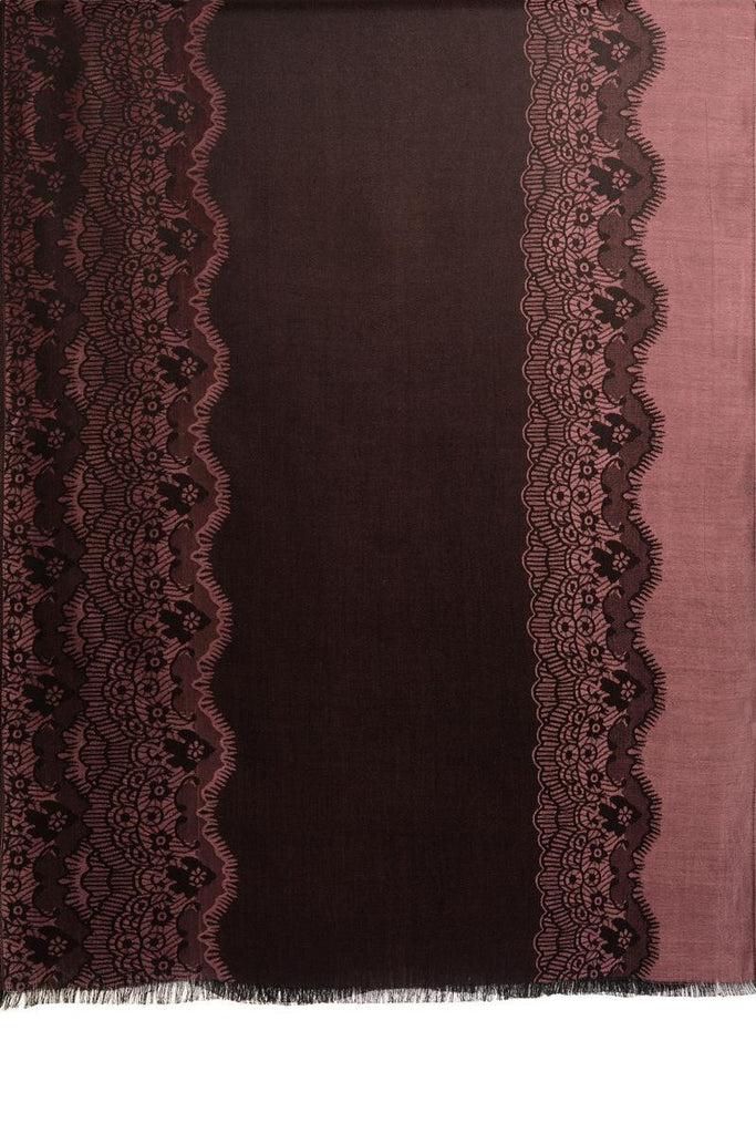Liss Kiss Puce Pink Woven Lace On Black Pashmina Feel - Scarf