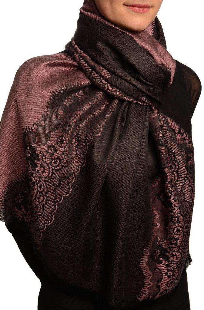 Liss Kiss Puce Pink Woven Lace On Black Pashmina Feel - Scarf