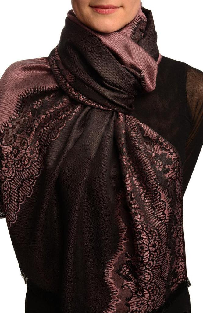liss kiss Puce Pink Woven Lace On Black Pashmina Feel - Scarf