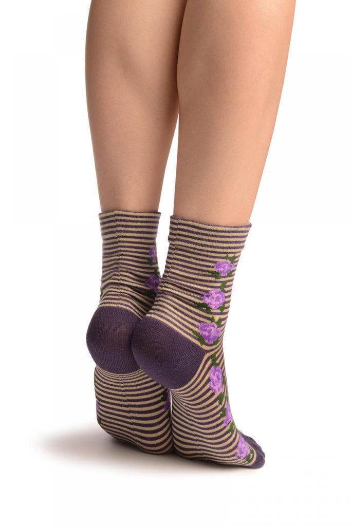 Liss Kiss Purple & Beige Stripes & Roses With Comfort Top Ankle High Socks - Socks