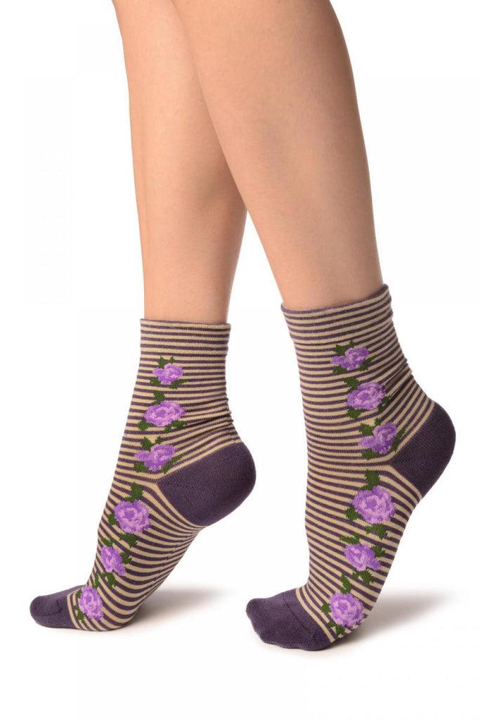 Liss Kiss Purple & Beige Stripes & Roses With Comfort Top Ankle High Socks - Socks