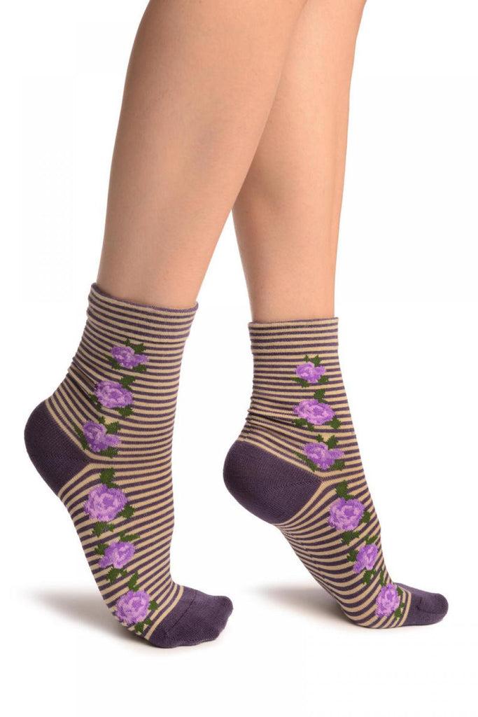 liss kiss Purple & Beige Stripes & Roses With Comfort Top Ankle High Socks - Socks