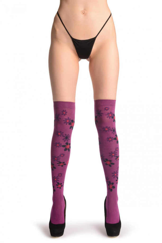 Liss Kiss Purple & Black Flowers On Purple - Over The Knee Socks