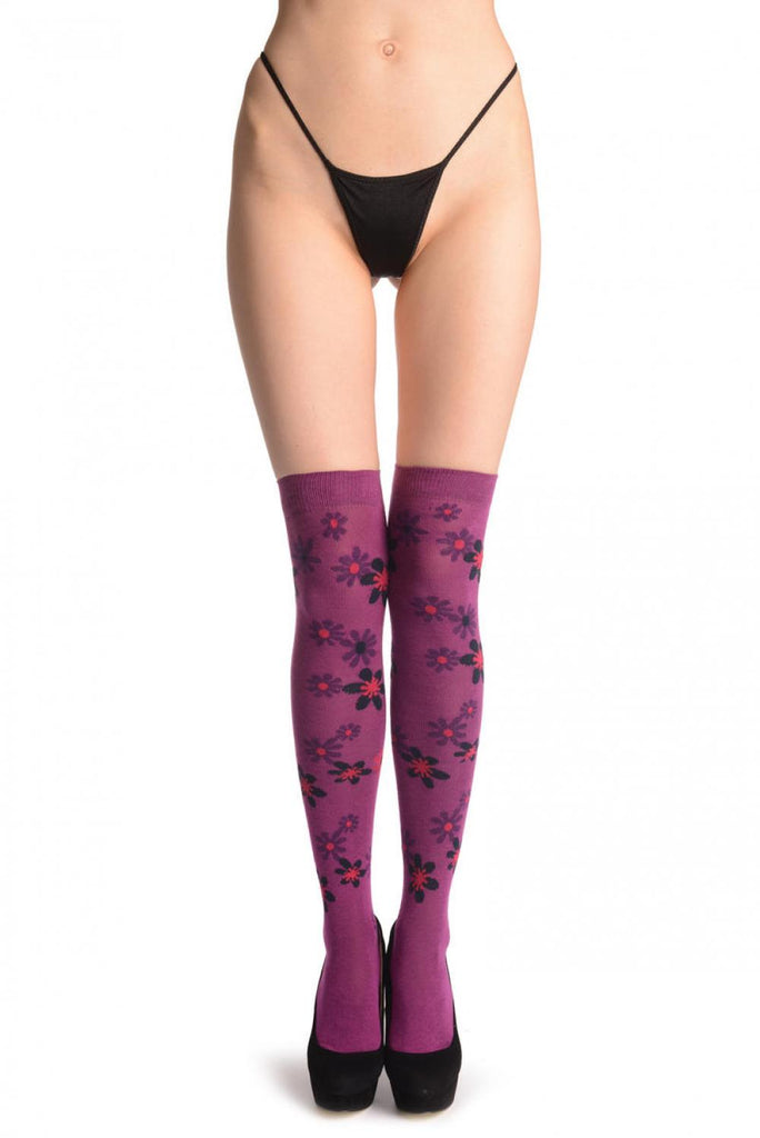 liss kiss Purple & Black Flowers On Purple - Over The Knee Socks