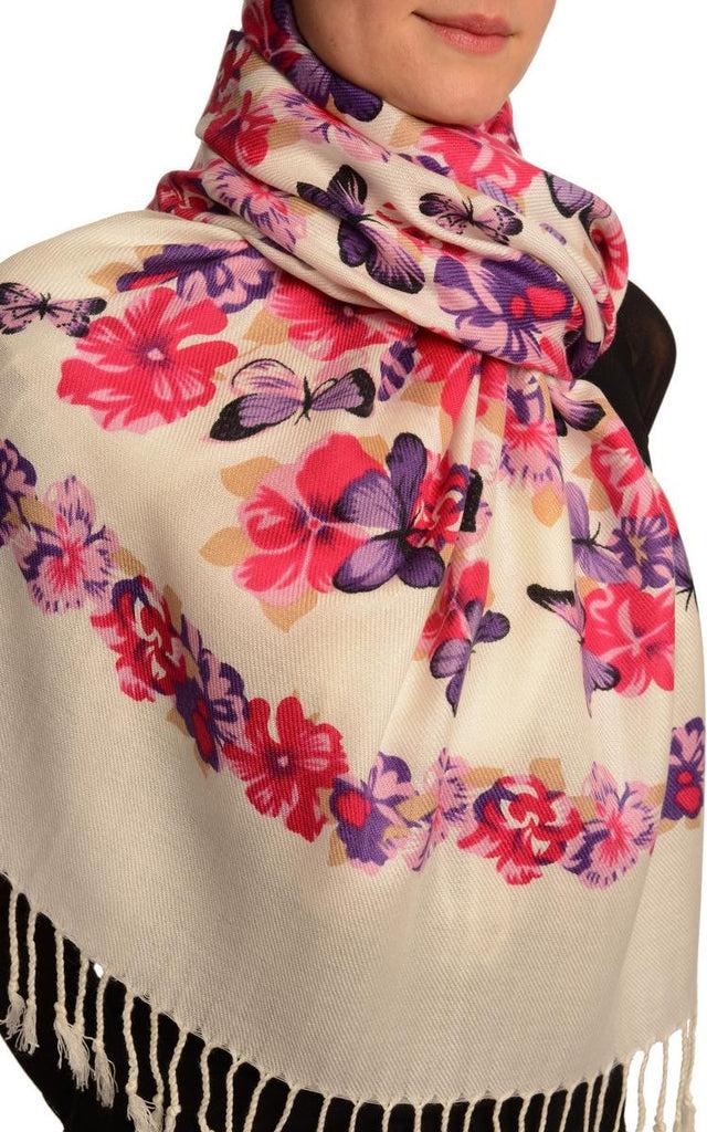 Liss Kiss Purple Butterflies & Flowers On White Pashmina Feel With Tassels - Scarf