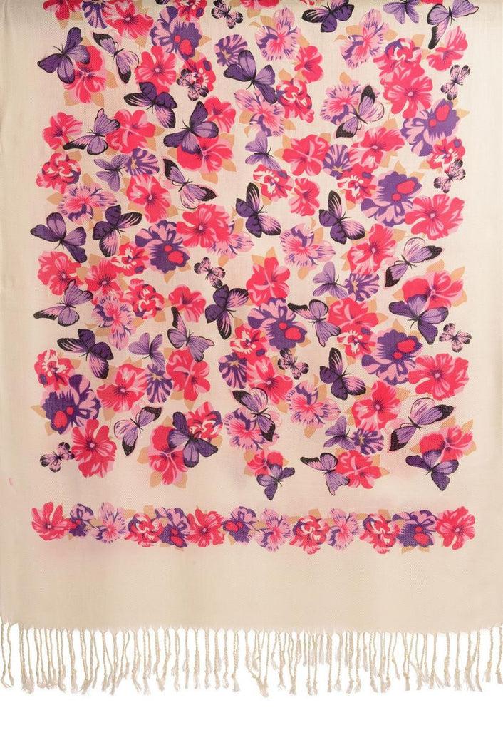 Liss Kiss Purple Butterflies & Flowers On White Pashmina Feel With Tassels - Scarf
