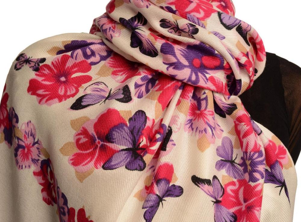 Liss Kiss Purple Butterflies & Flowers On White Pashmina Feel With Tassels - Scarf
