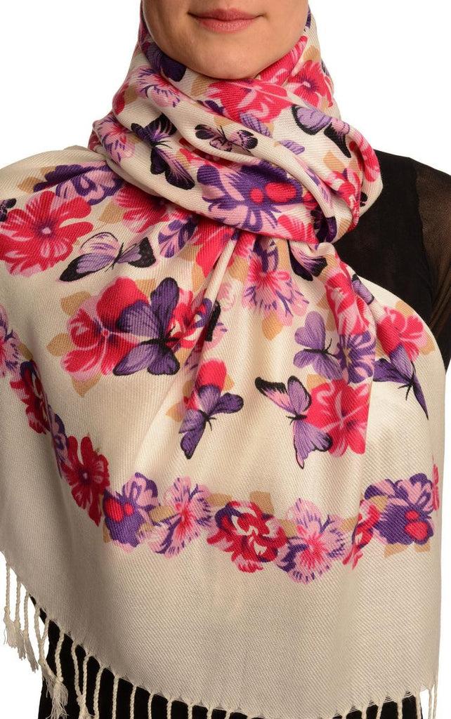 liss kiss Purple Butterflies & Flowers On White Pashmina Feel With Tassels - Scarf