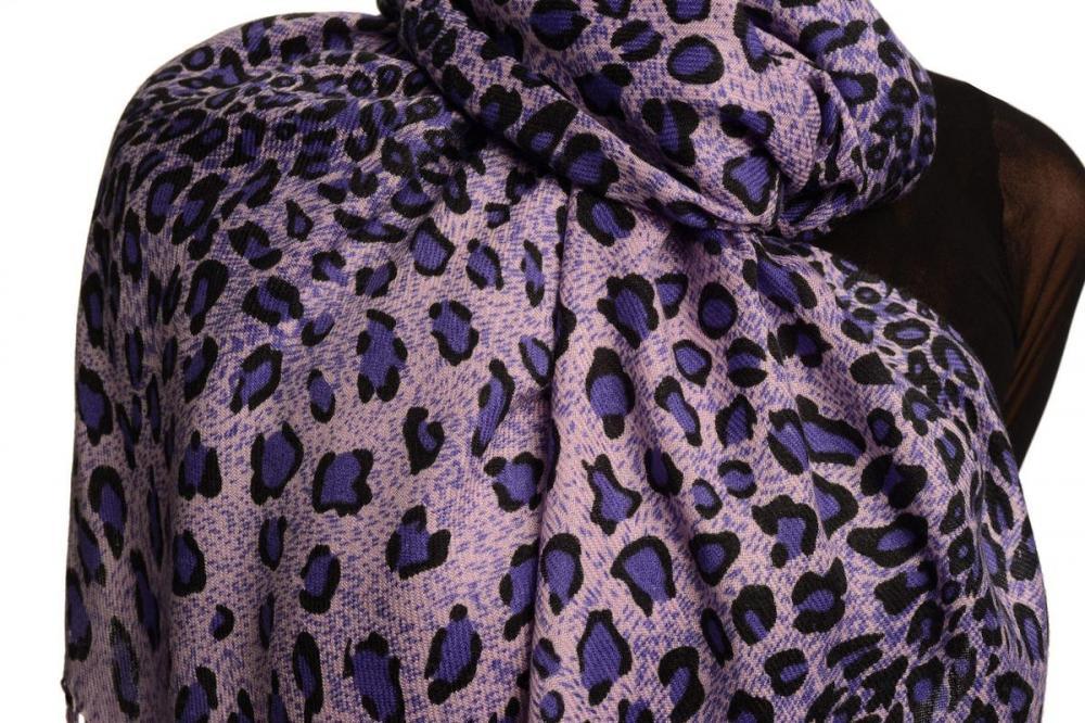 Liss Kiss Purple Diagonal Leopard On Lilac Pashmina Feel With Tassels - Scarf