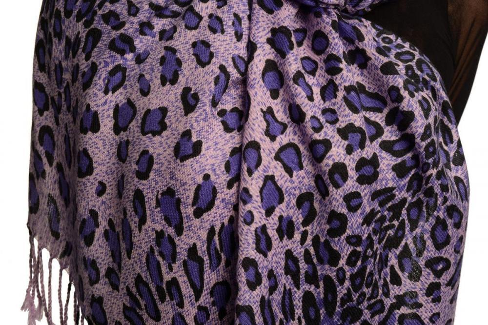 Liss Kiss Purple Diagonal Leopard On Lilac Pashmina Feel With Tassels - Scarf