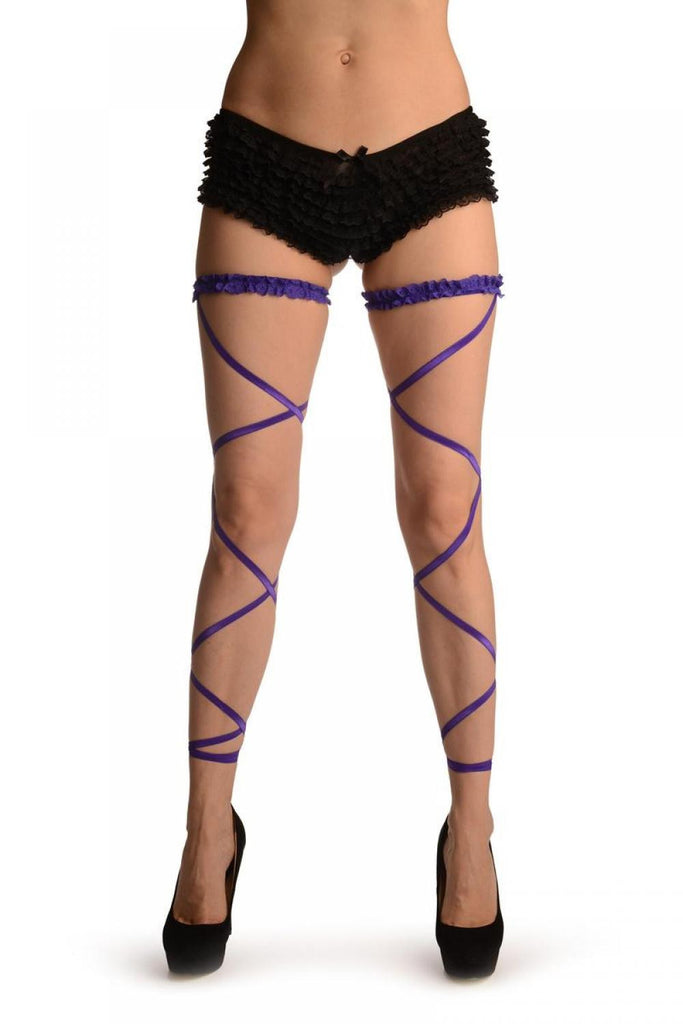 liss kiss Purple Elasticated Ribbon Leg Wrap & Lace Garter - Leg Warmers