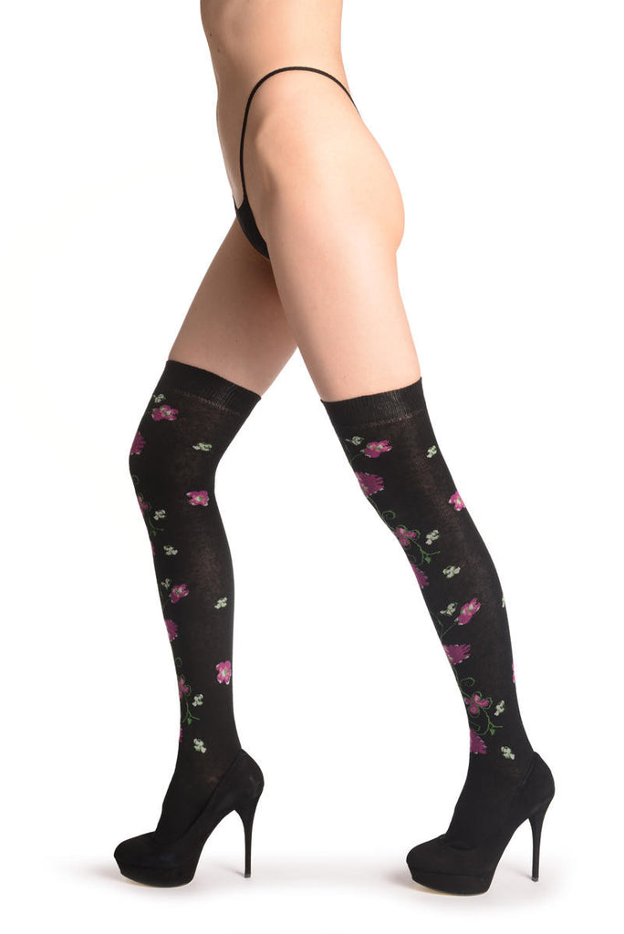 Liss Kiss Purple Flowers And Butterflies On Black - Over The Knee Socks