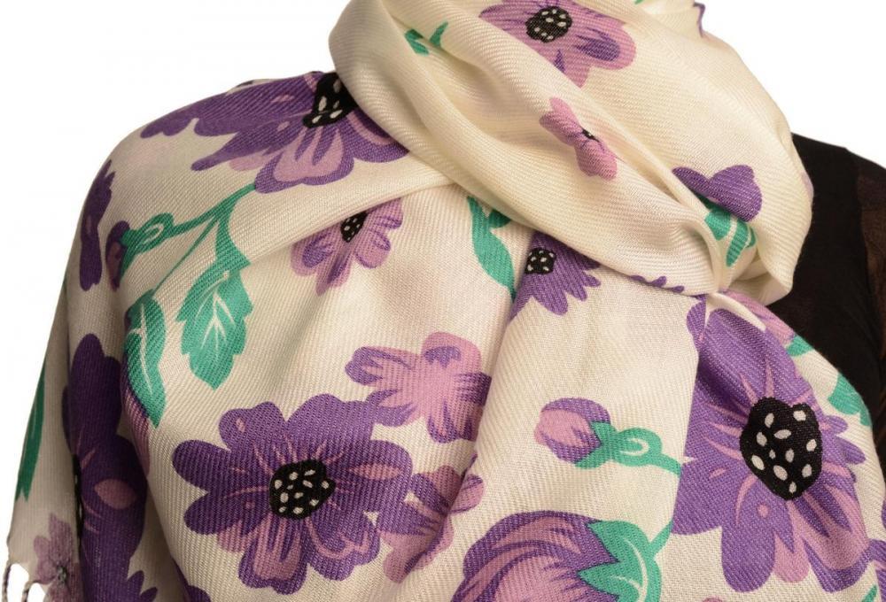 Liss Kiss Purple Large Flowers On White Pashmina Feel With Tassels - Scarf