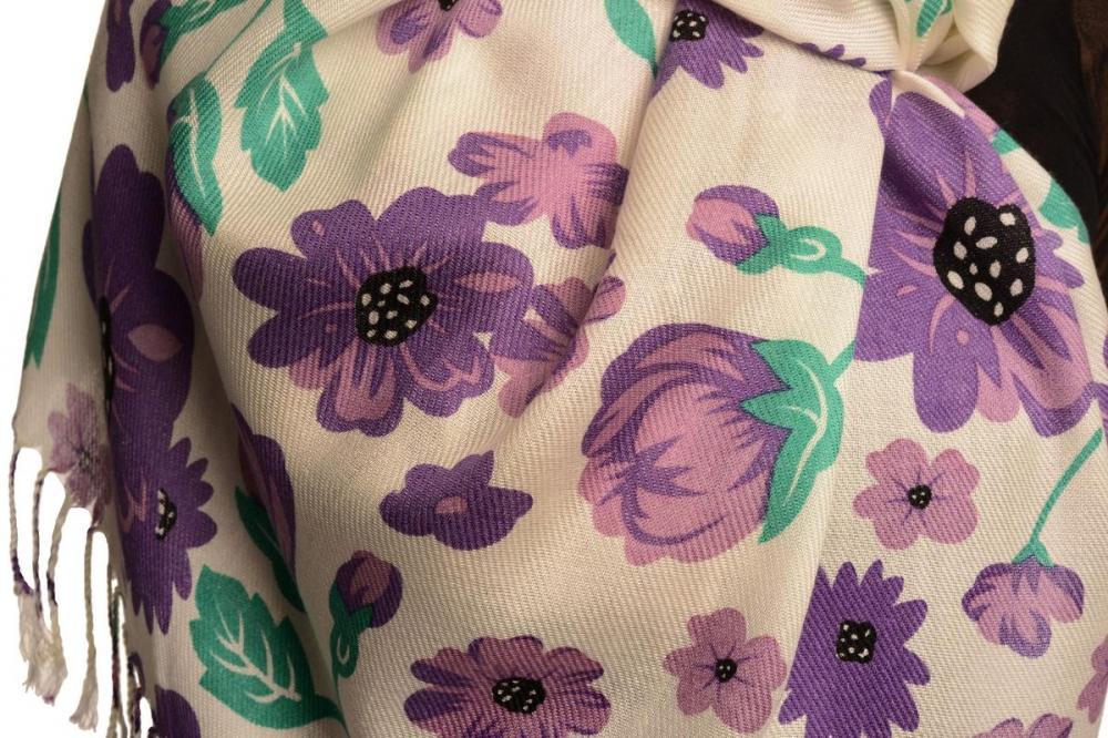 Liss Kiss Purple Large Flowers On White Pashmina Feel With Tassels - Scarf