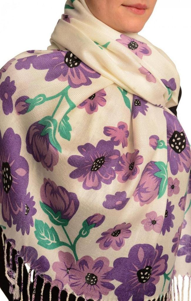 Liss Kiss Purple Large Flowers On White Pashmina Feel With Tassels - Scarf
