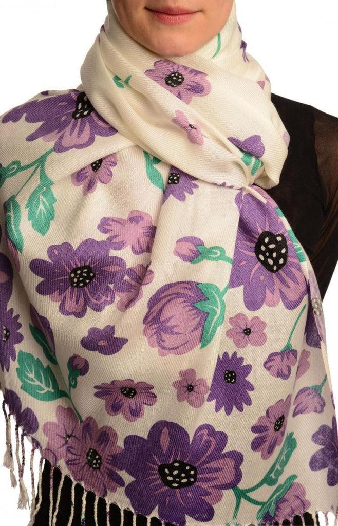liss kiss Purple Large Flowers On White Pashmina Feel With Tassels - Scarf