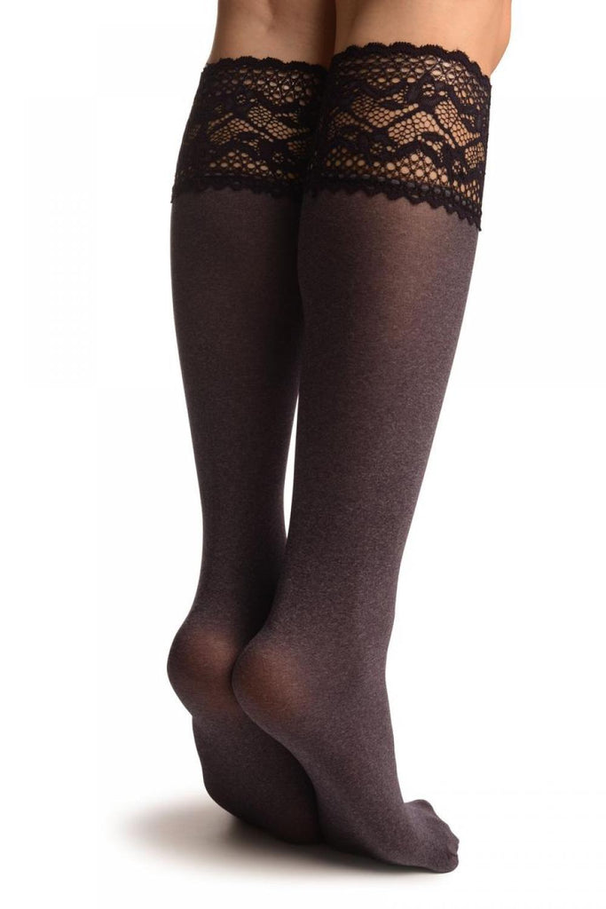 Liss Kiss Purple Melange With Floral Silicon Lace Socks Knee High - Socks