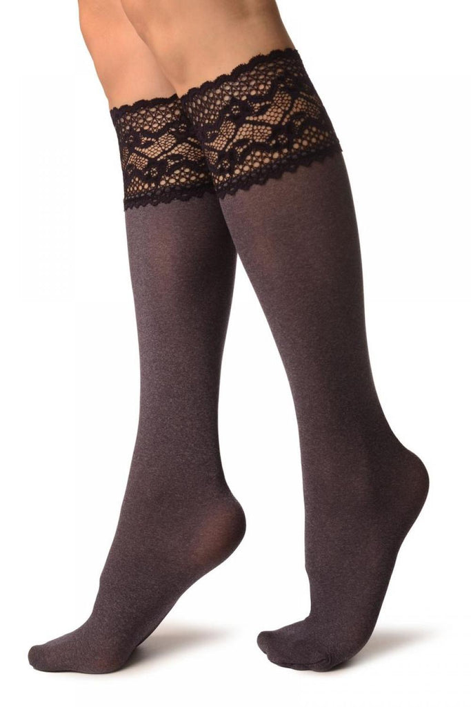 Liss Kiss Purple Melange With Floral Silicon Lace Socks Knee High - Socks