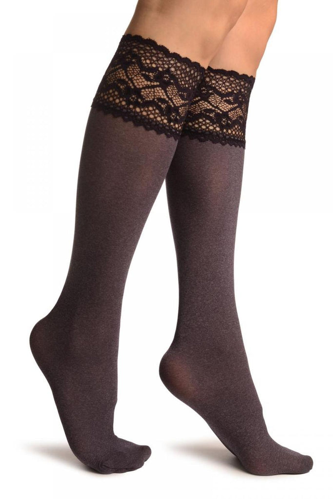 liss kiss Purple Melange With Floral Silicon Lace Socks Knee High - Socks