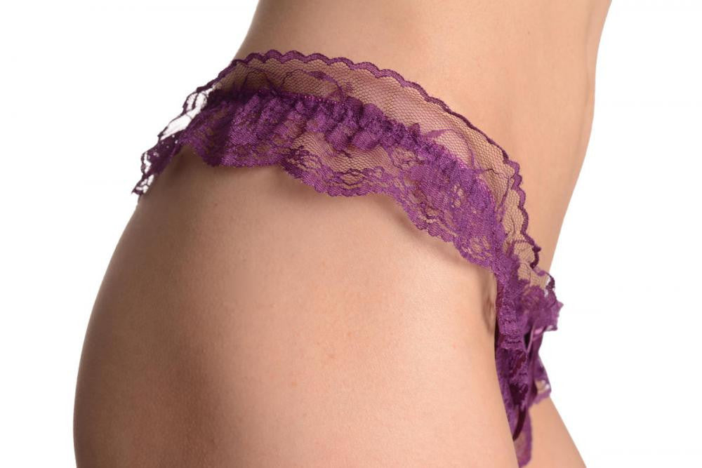 Liss Kiss Purple Mesh & Lace With Satin Bow Thong - Knickers