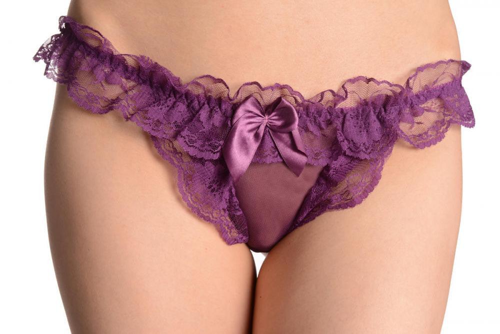Liss Kiss Purple Mesh & Lace With Satin Bow Thong - Knickers
