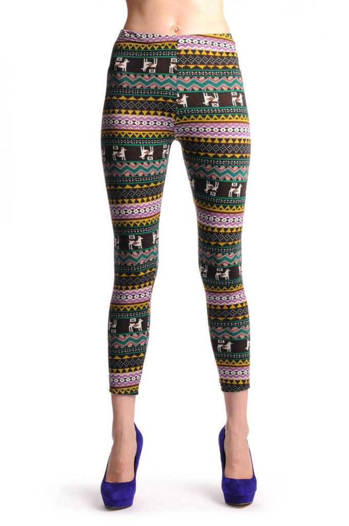 Liss Kiss Purple Mustard & Black Aztec Jacquard Knit Print - Leggings