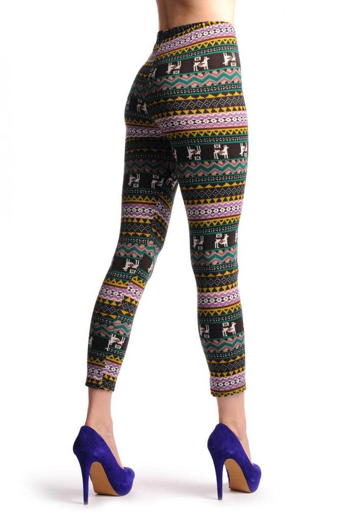 Liss Kiss Purple Mustard & Black Aztec Jacquard Knit Print - Leggings