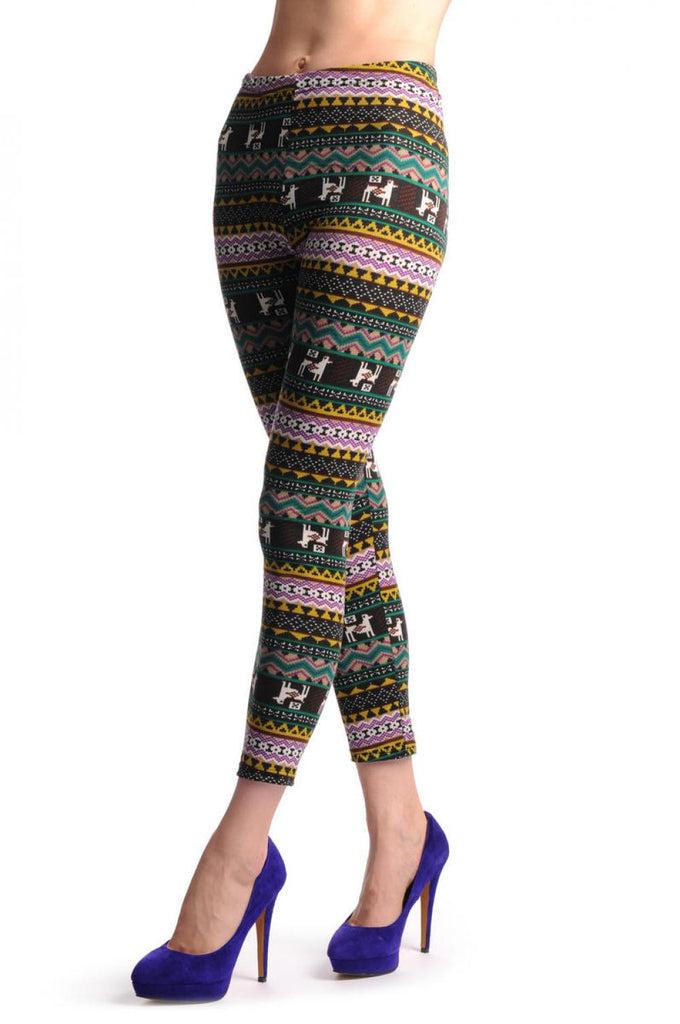 Liss Kiss Purple Mustard & Black Aztec Jacquard Knit Print - Leggings