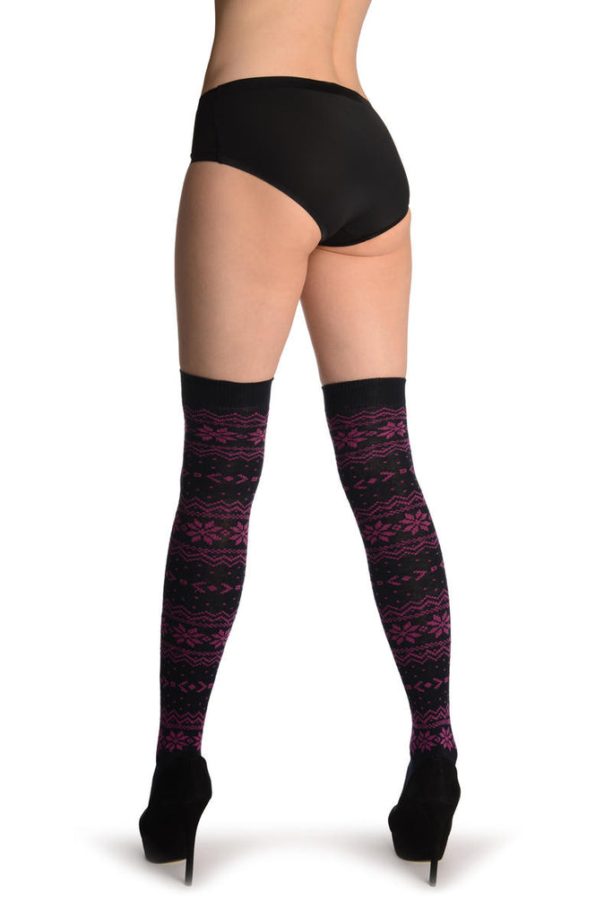 Liss Kiss Purple Nordic Stencil On Black - Over The Knee Socks