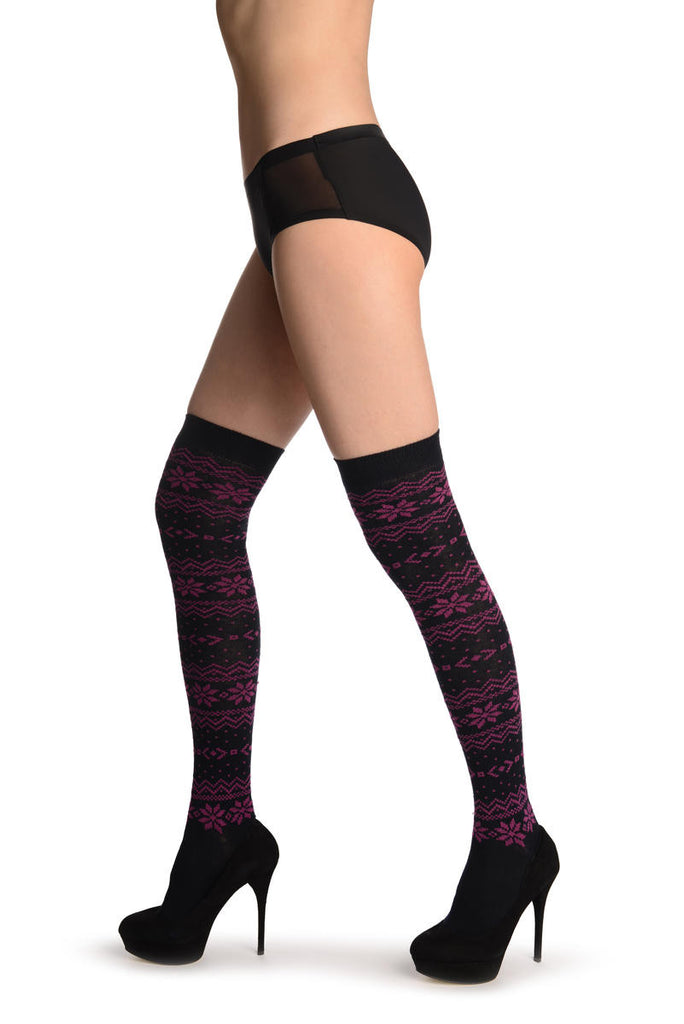 Liss Kiss Purple Nordic Stencil On Black - Over The Knee Socks