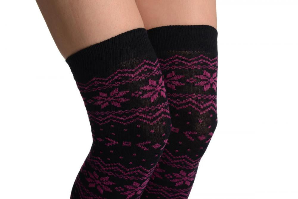 Liss Kiss Purple Nordic Stencil On Black - Over The Knee Socks