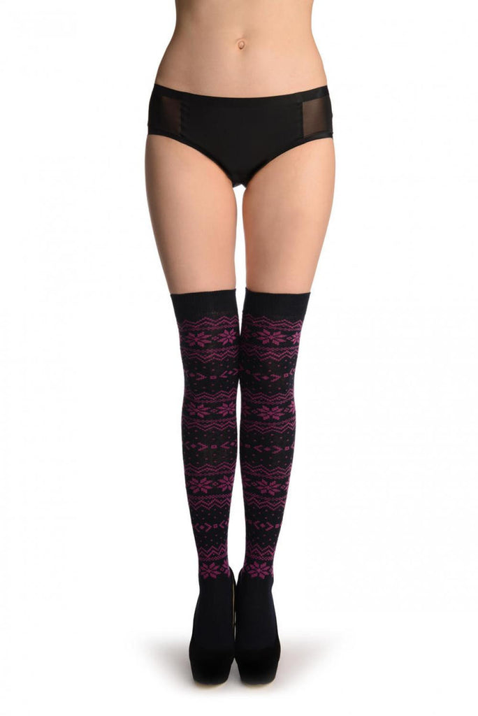 Liss Kiss Purple Nordic Stencil On Black - Over The Knee Socks